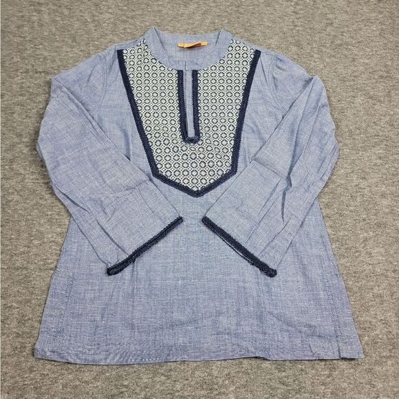 Tory Burch Womens Size 6 Blue Chambray Embroidered Popover Tunic Top Blouse - Picture 1 of 7